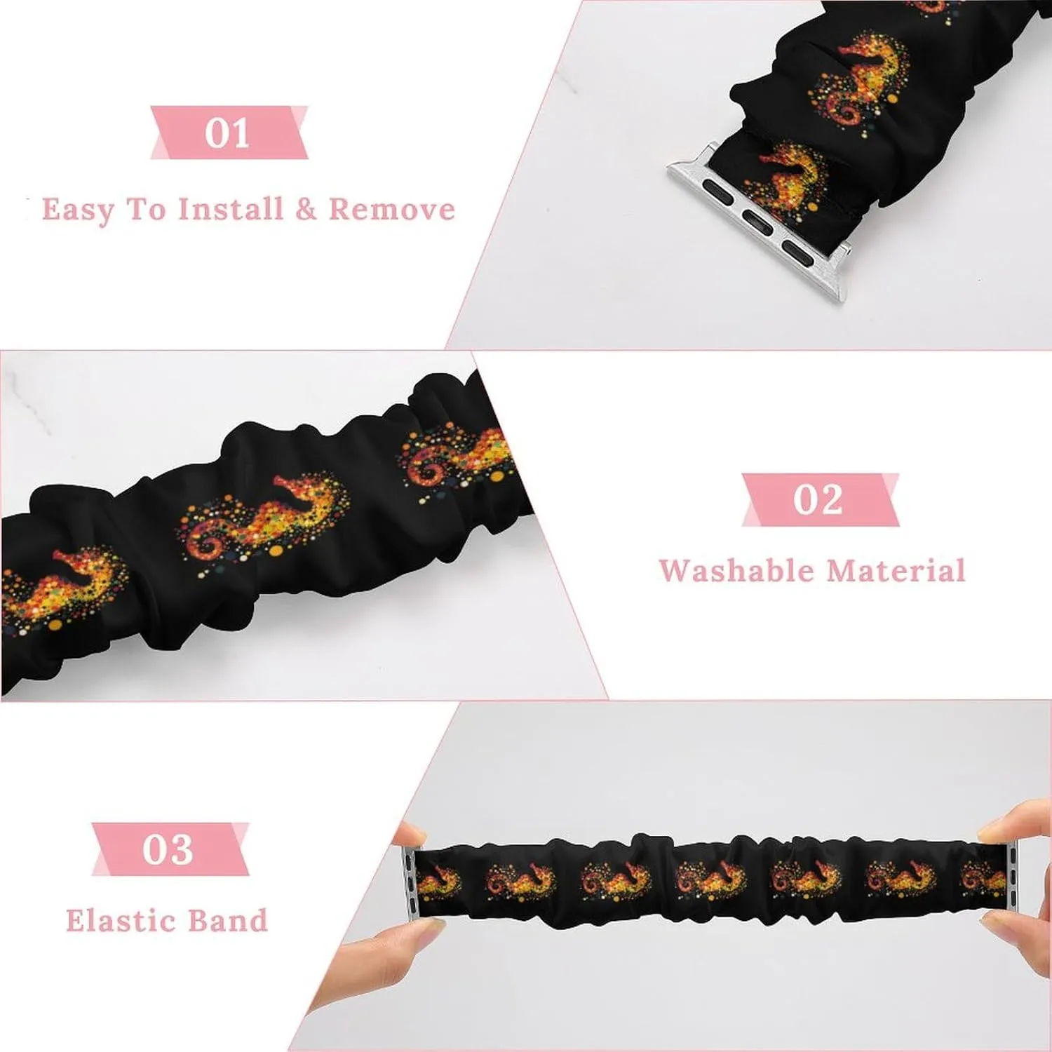 Abstract Hippocampus Seahorse Fashion Watch Strap Scrunchies Wristbands Compatible With IWatch Series