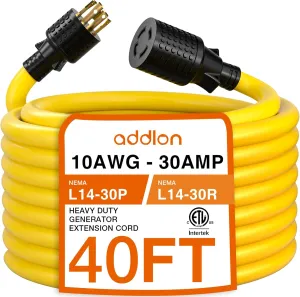 addlon 40FT 4-Prong 30 amp Generator Cord with Organizer Bag, 10 Gauge SJTW Locking Generator Extension Cord for Manual Transfer Switch, NEMA L14-30P/L14-30R, 125/250V 7500 Watts, Yellow, ETL Listed