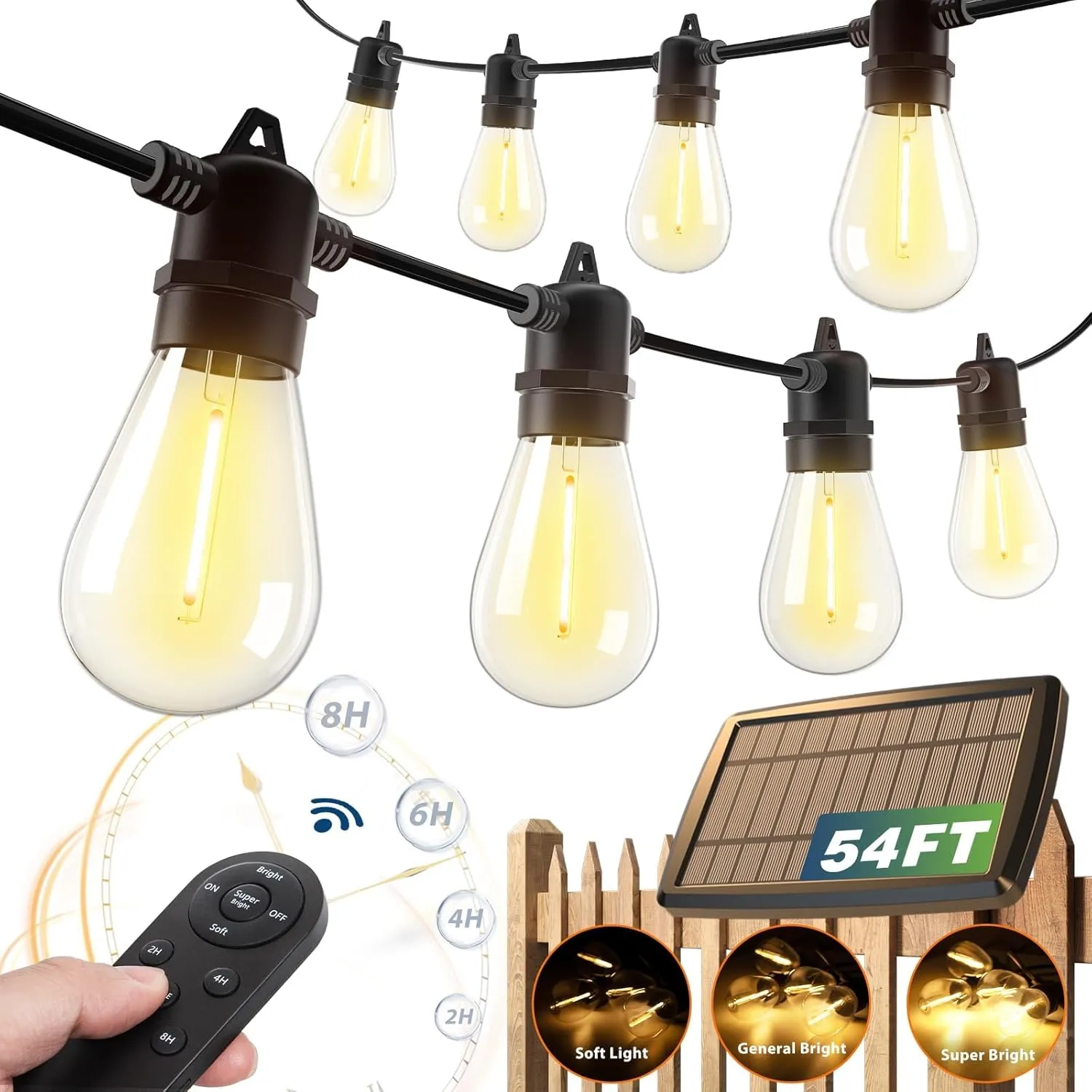 addlon 54FT Solar String Lights Outdoor Waterproof with USB Charging & Remote Control - Dimmable Solar Power Patio Lights with 26 LED Bulbs for Porch, Garden, Yard, Market, Bistro - Lasts 20  Hrs