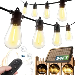 addlon 54FT Solar String Lights Outdoor Waterproof with USB Charging & Remote Control - Dimmable Solar Power Patio Lights with 26 LED Bulbs for Porch, Garden, Yard, Market, Bistro - Lasts 20  Hrs