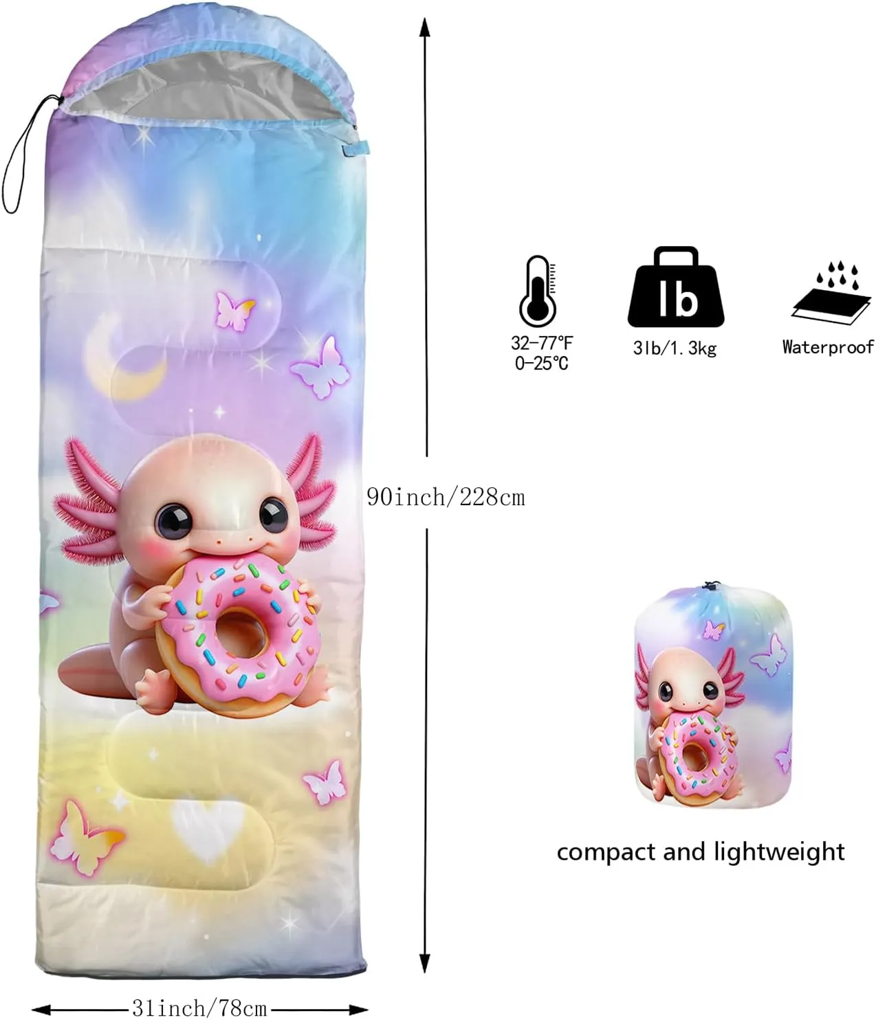 AILONEN Cartoon Rainbow Sleeping Bag for Kids Girls,Warm and Cool Weather,Lightweight,Waterproof Backpacking,Lovely Clouds Stars Printed Sleeping Bag for Camping
