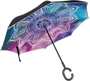 ALAZA Galaxy Lotus Mandala Windproof UV Proof Reverse Folding Umbrella, Double Layer Travel Inverted Umbrella with C Shape Handle for Car Use