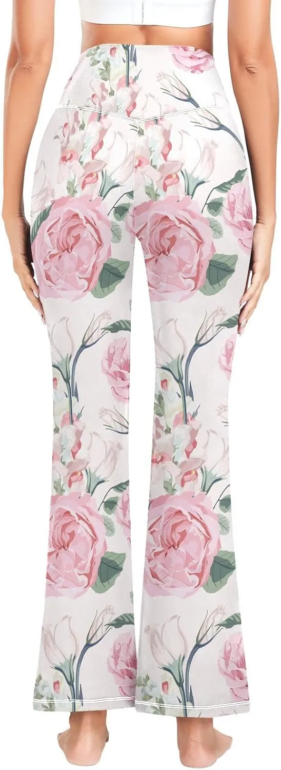 ALAZA Women's Watercolor Pink Roses Blooming Garden Flowers Flare Yoga Pants