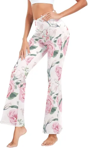 ALAZA Women's Watercolor Pink Roses Blooming Garden Flowers Flare Yoga Pants