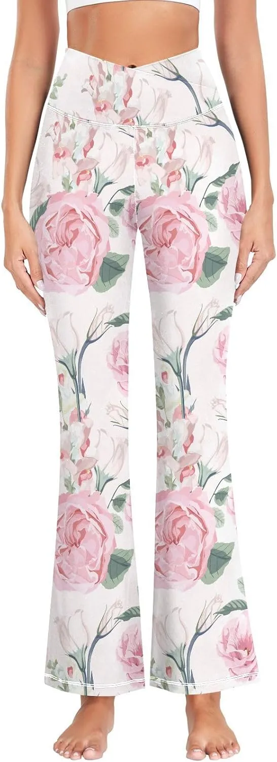 ALAZA Women's Watercolor Pink Roses Blooming Garden Flowers Flare Yoga Pants