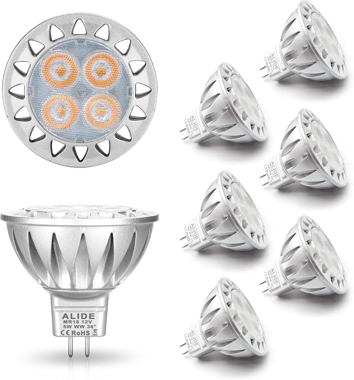 ALIDE MR16 Led Bulbs 5W Replace 20W 35W Halogen Equivalent,2700K Soft Warm White,12V Low Voltage MR16 GU5.3 Bulb Spotlights for Outdoor Landscape Flood Track Lighting,Not Dimmable,450lm,38 Deg,6 Pack