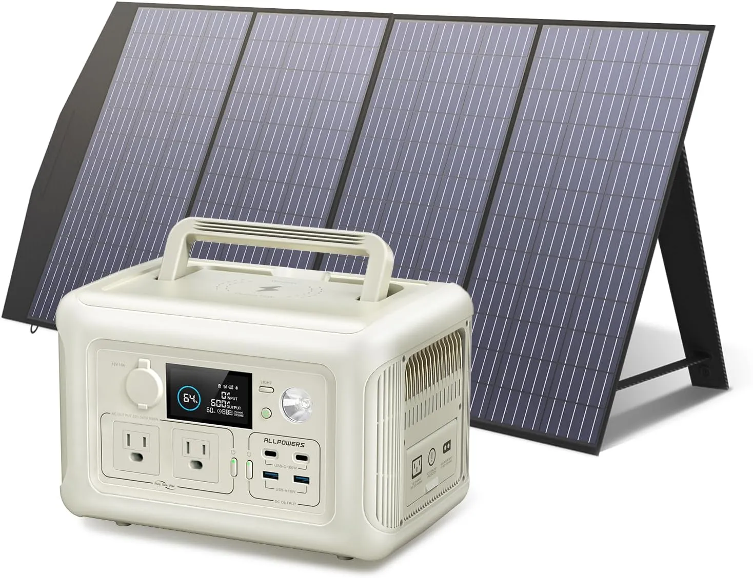 ALLPOWERS BEIGE R600 Solar Generator with SP033 solar panel included, 600W 299Wh LiFePO4 Portable Power Station with 200W Solar Charger, UPS Battery Backup, MPPT Solar Power for Camping RVs Home