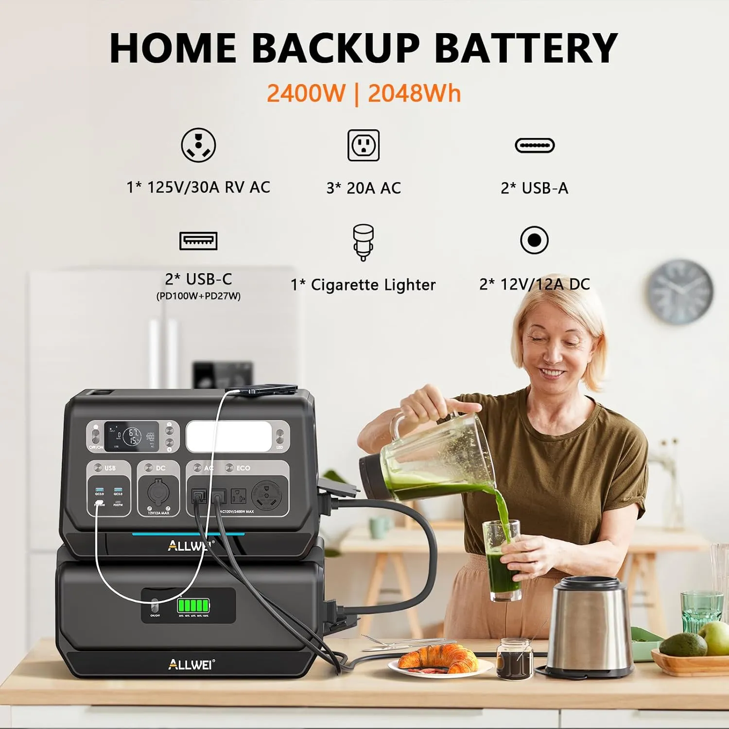 ALLWEI LiFePO4 Solar Generator 2400W with 2x 200W Solar Panels & B200 PRO Expansion Battery, 2048Wh Portable Power Station, Fast Charge in 1.5H, UPS Battery Backup for RV Camping Home Off-Grid
