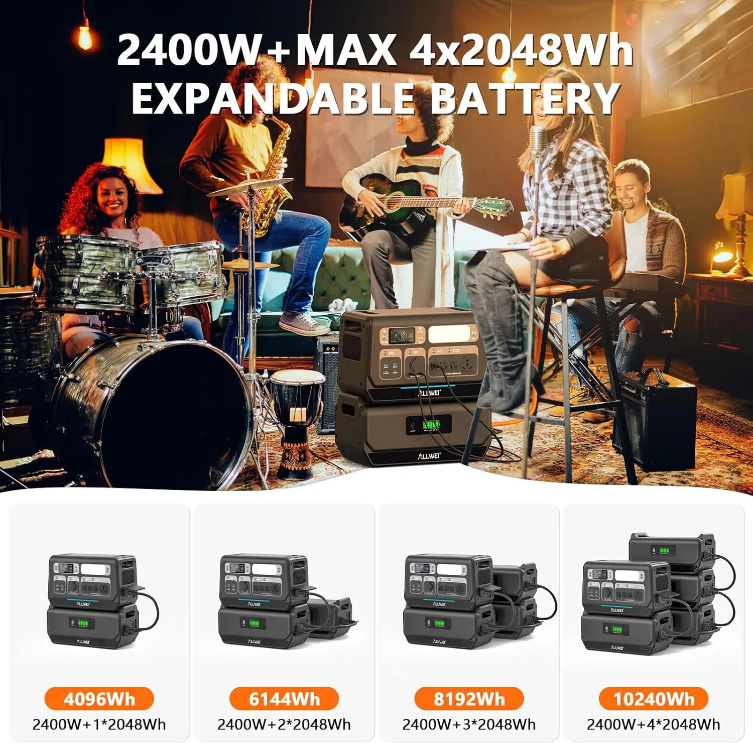 ALLWEI LiFePO4 Solar Generator 2400W with 2x 200W Solar Panels & B200 PRO Expansion Battery, 2048Wh Portable Power Station, Fast Charge in 1.5H, UPS Battery Backup for RV Camping Home Off-Grid