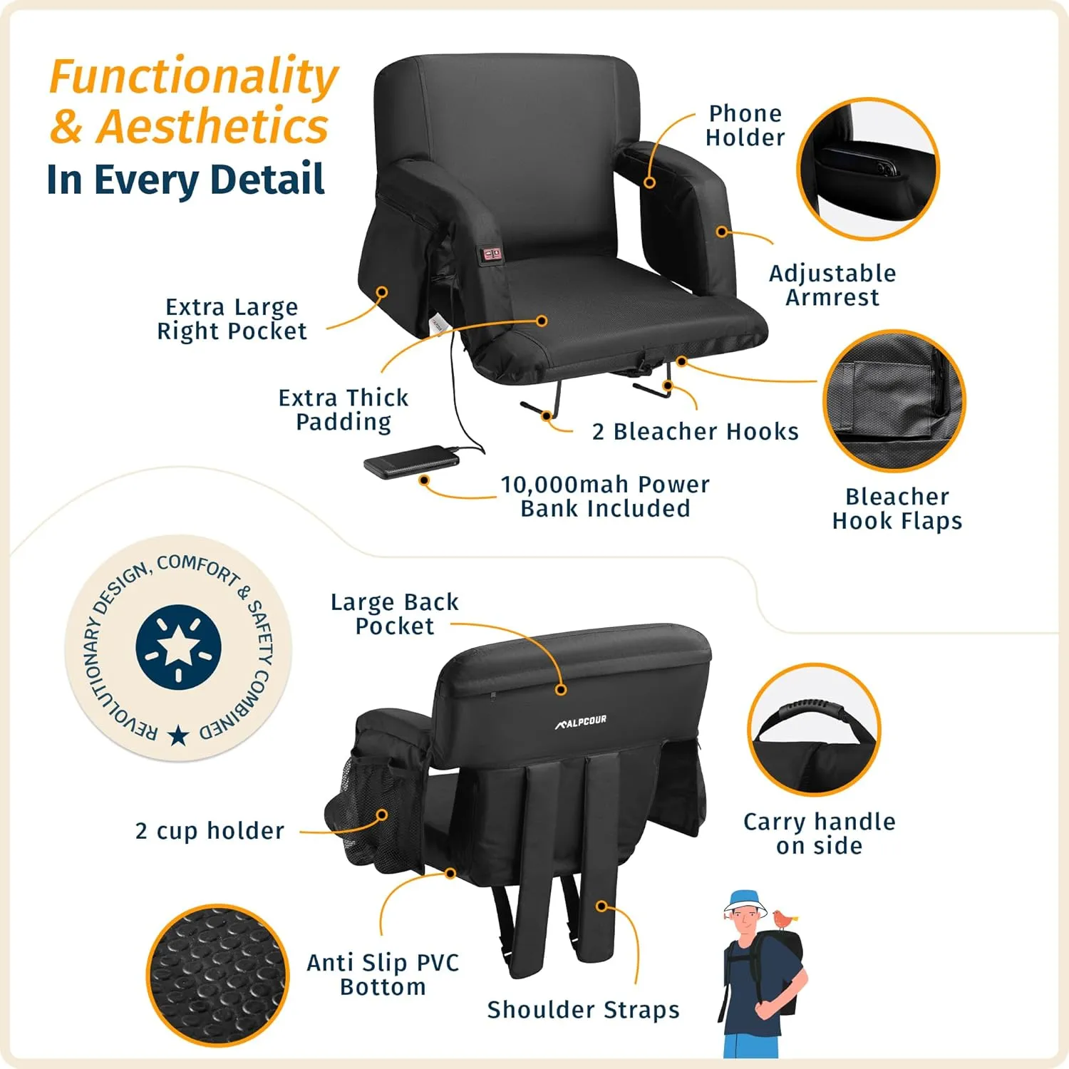 Alpcour Heated Massage Reclining Stadium Seat for Bleachers – Wide Bleacher Chair with Back Support and Cushion, Armrests, Large Pockets, and Multiple Safety Features – Best Stadium Seats Chairs