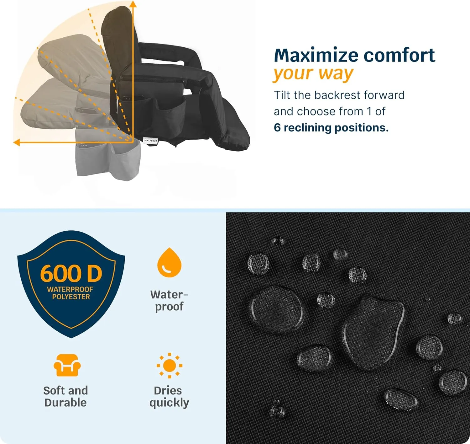 Alpcour Heated Massage Reclining Stadium Seat for Bleachers – Wide Bleacher Chair with Back Support and Cushion, Armrests, Large Pockets, and Multiple Safety Features – Best Stadium Seats Chairs