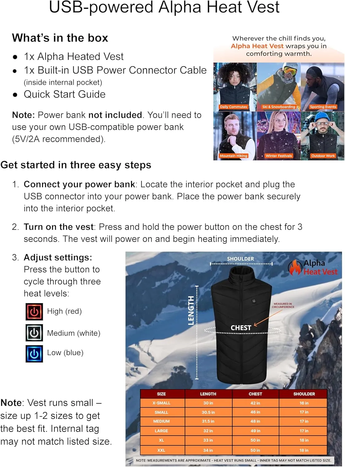 Alpha Heat Vest USB Rechargeable Heated Vest for Men and Women 8 Heating Zones Waterproof Electric Heated Jackets