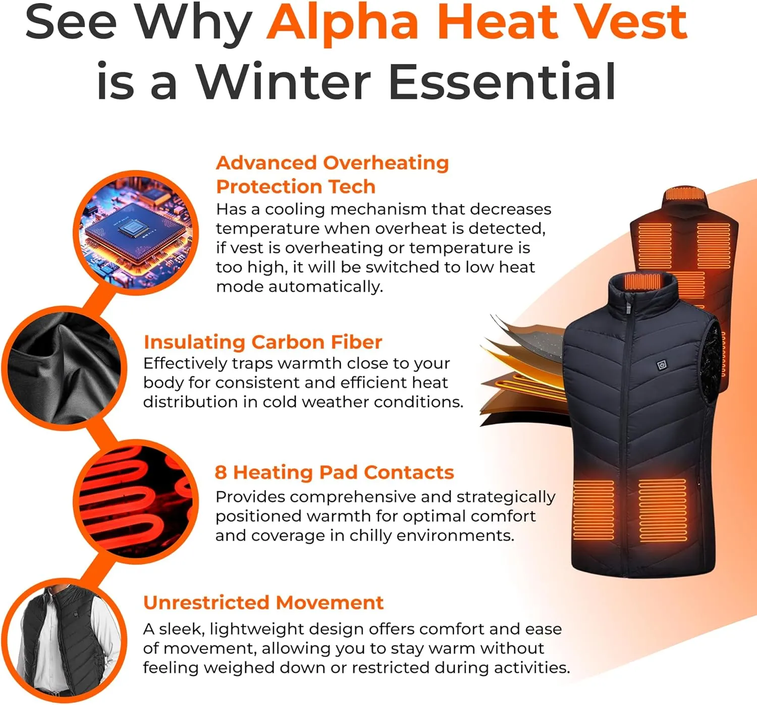 Alpha Heat Vest USB Rechargeable Heated Vest for Men and Women 8 Heating Zones Waterproof Electric Heated Jackets
