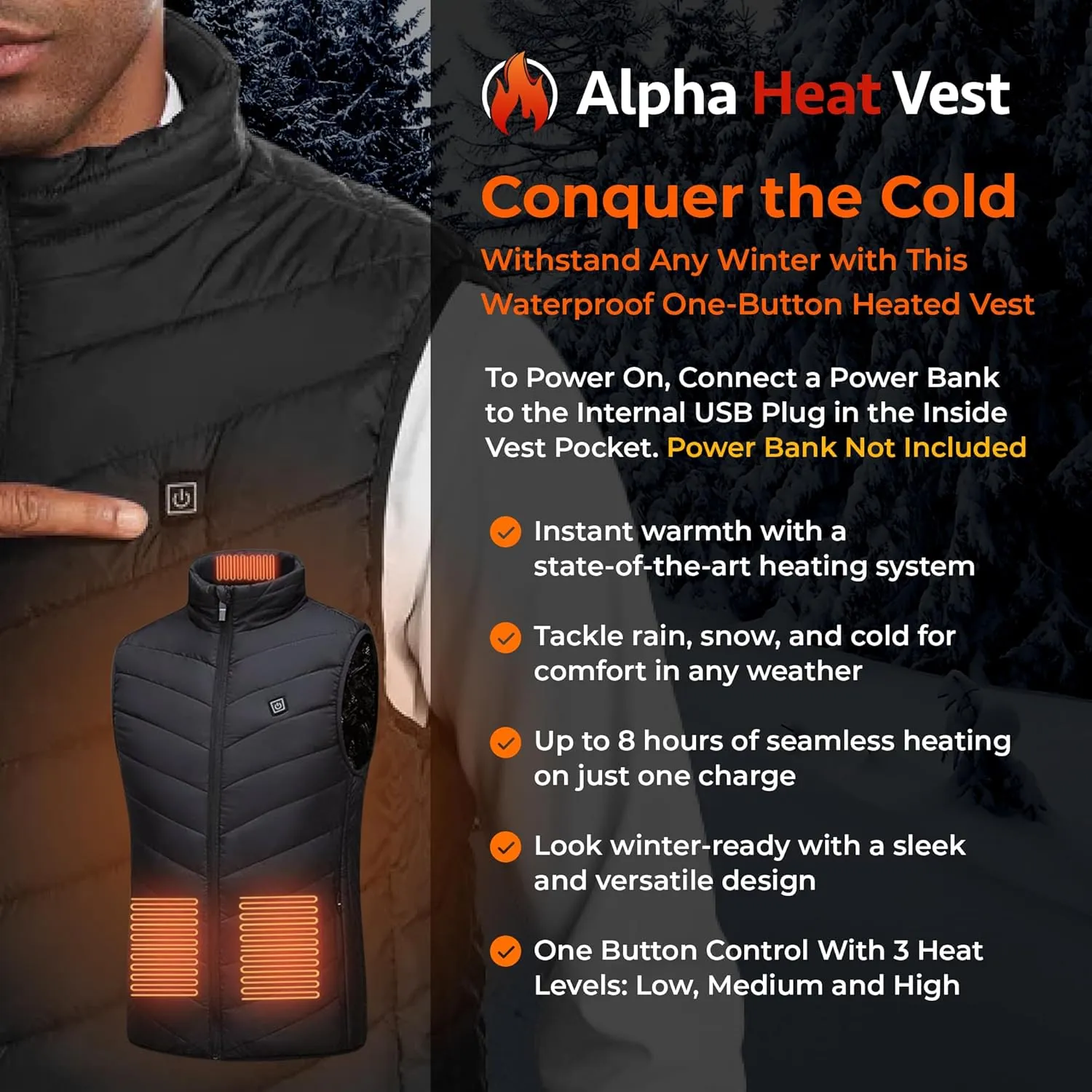 Alpha Heat Vest USB Rechargeable Heated Vest for Men and Women 8 Heating Zones Waterproof Electric Heated Jackets
