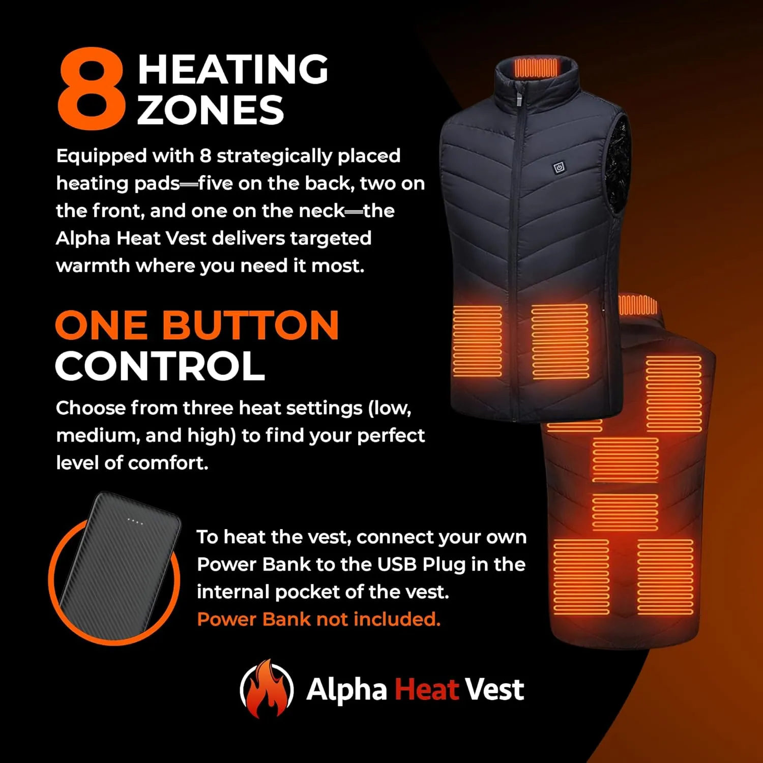 Alpha Heat Vest USB Rechargeable Heated Vest for Men and Women 8 Heating Zones Waterproof Electric Heated Jackets