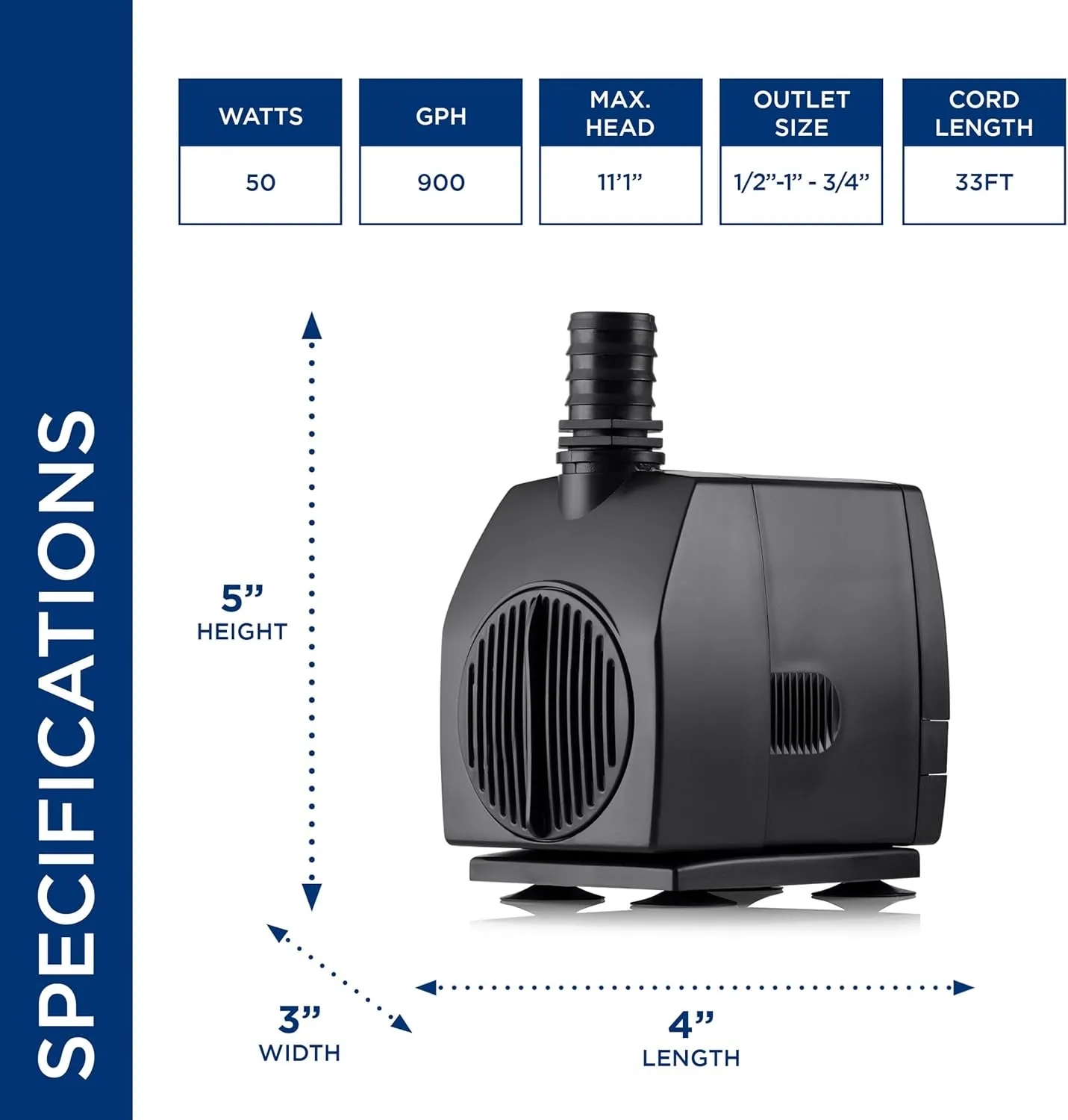Alpine Corporation Stream Pump 900 GPH with 33' Cord for Ponds, Fountains, and Waterfalls