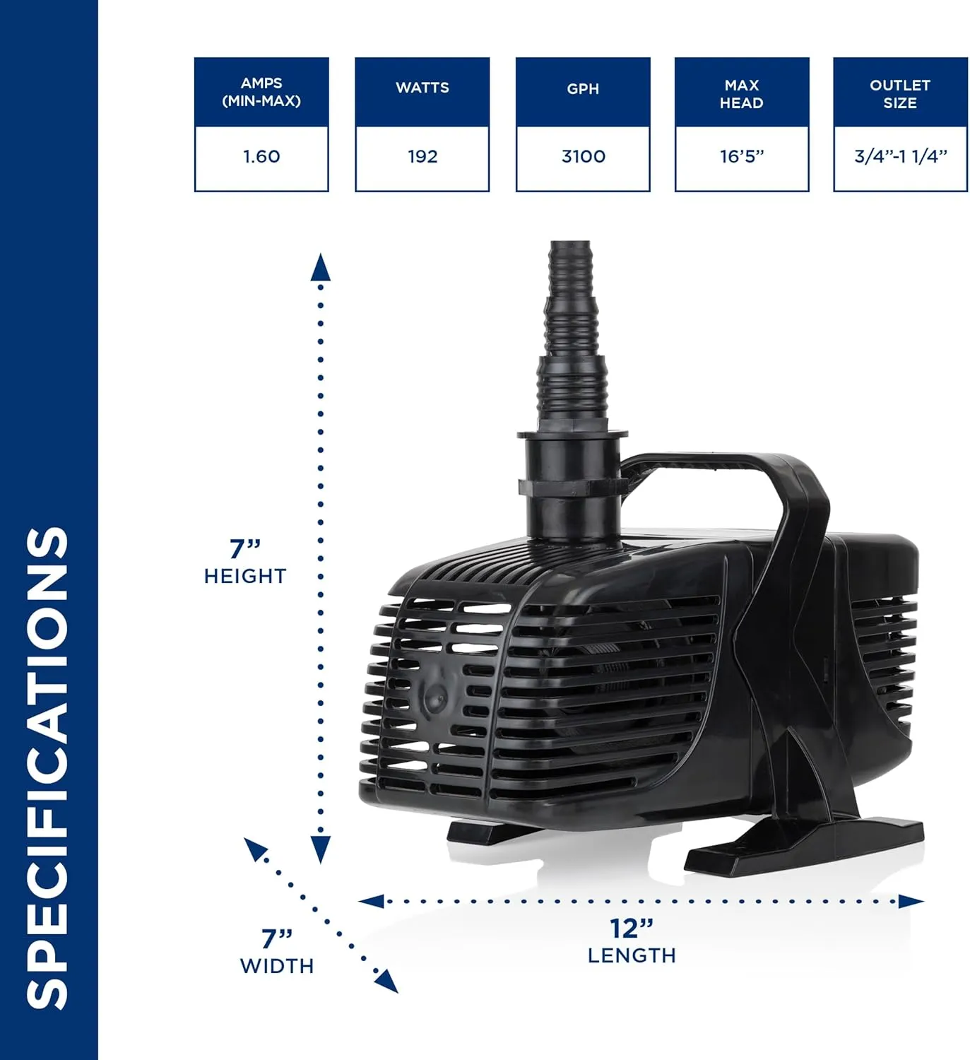 Alpine Corporation Tornado Pump 3100 GPH with 33 Ft. Cord for Ponds, Fountains, and Waterfalls