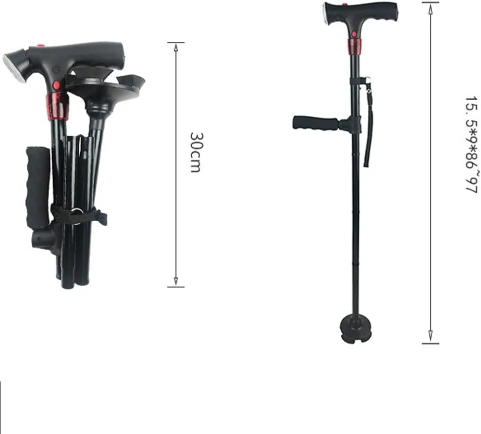 Aluminium Retractable Senior Walking Stick with Alarm and LED Light with Two Handles (D 15.5 * 9 * 86~97cm)