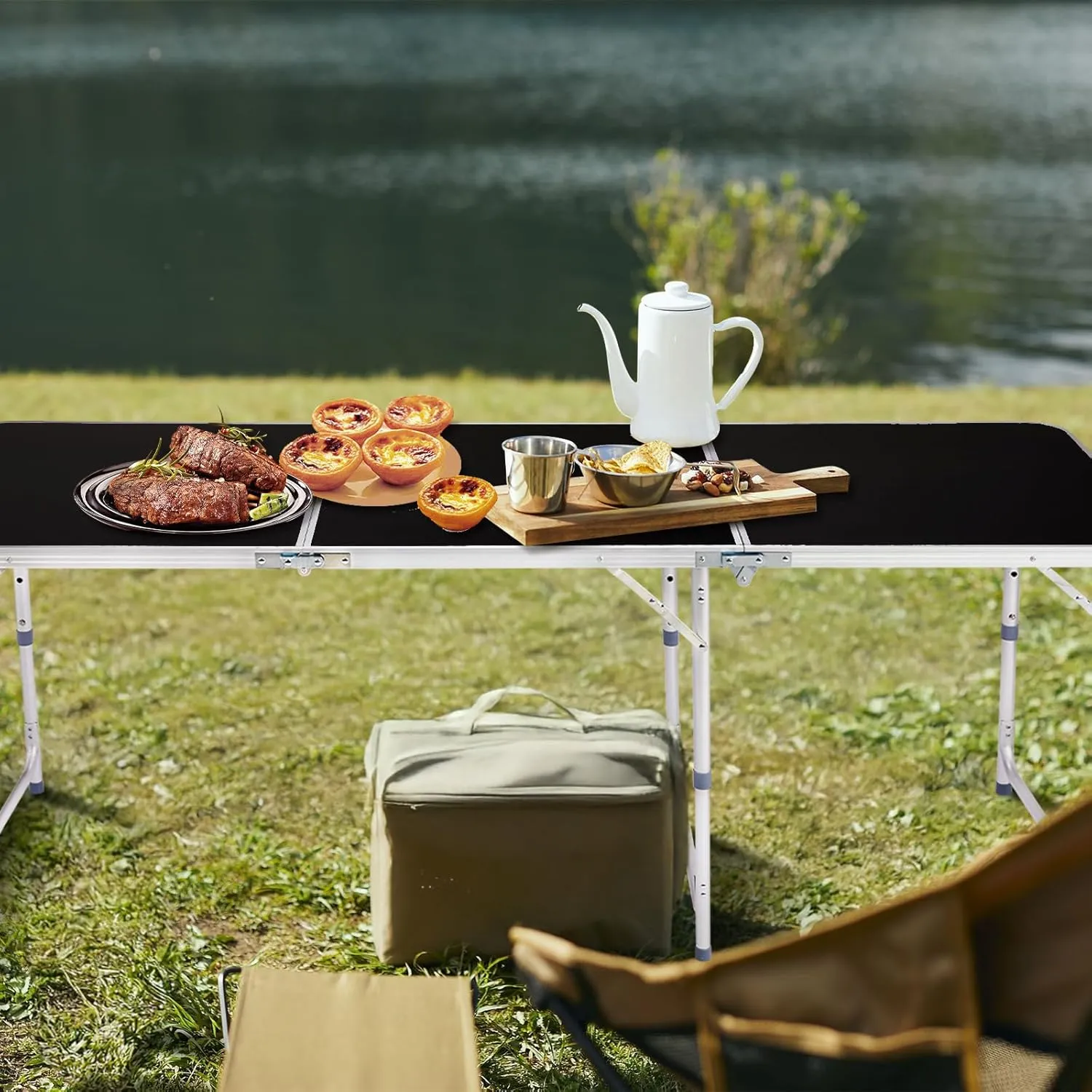 Aluminum Alloy Folding Table Wood Grain - Portable Lightweight Collapsible Table for Camping Picnic BBQ Outdoor Indoor Use (Black, 6ft)