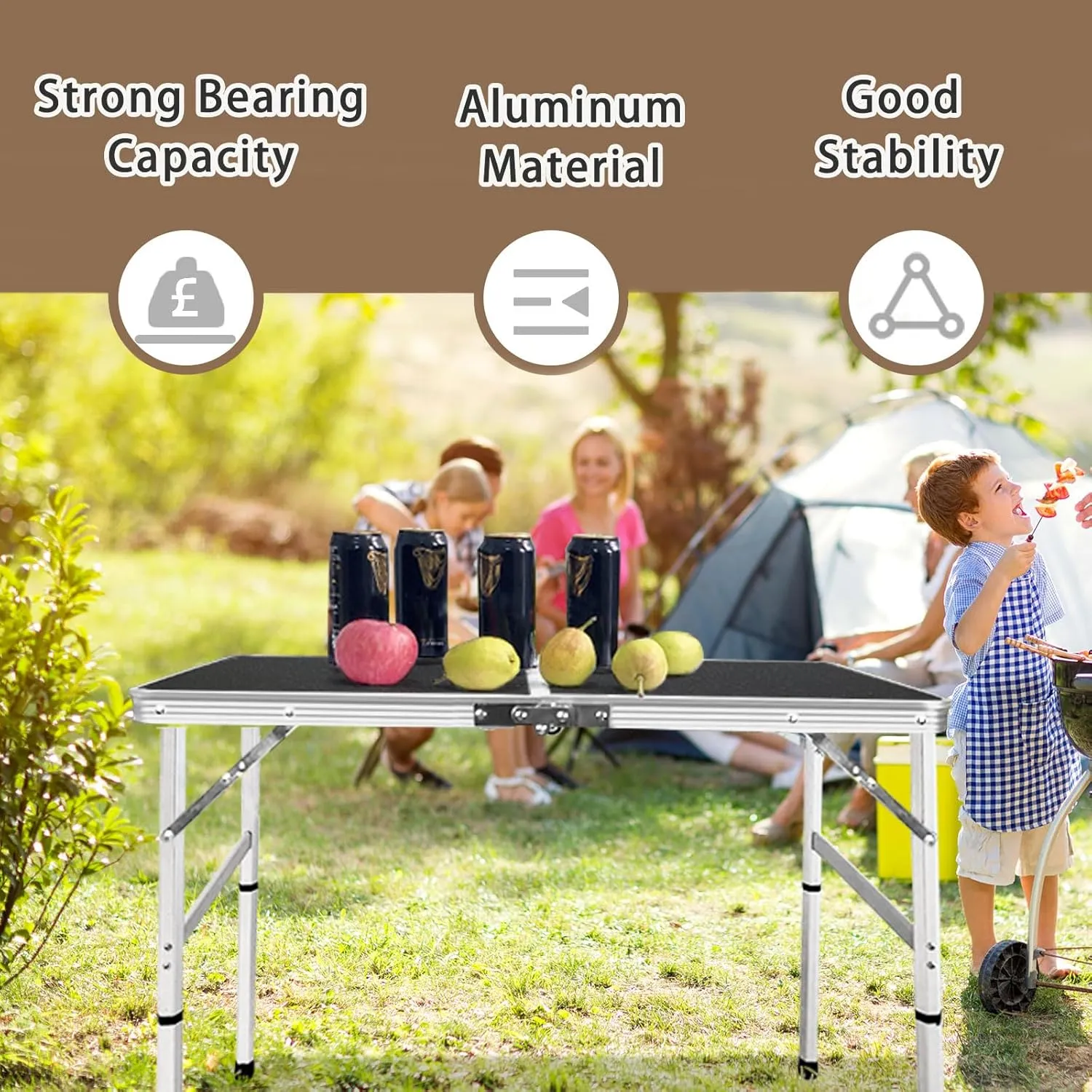 Aluminum Folding Small Table, Adjustable Height Lightweight Portable Camping Table for Picnic Beach Outdoor Indoor (Small) (BlackC)