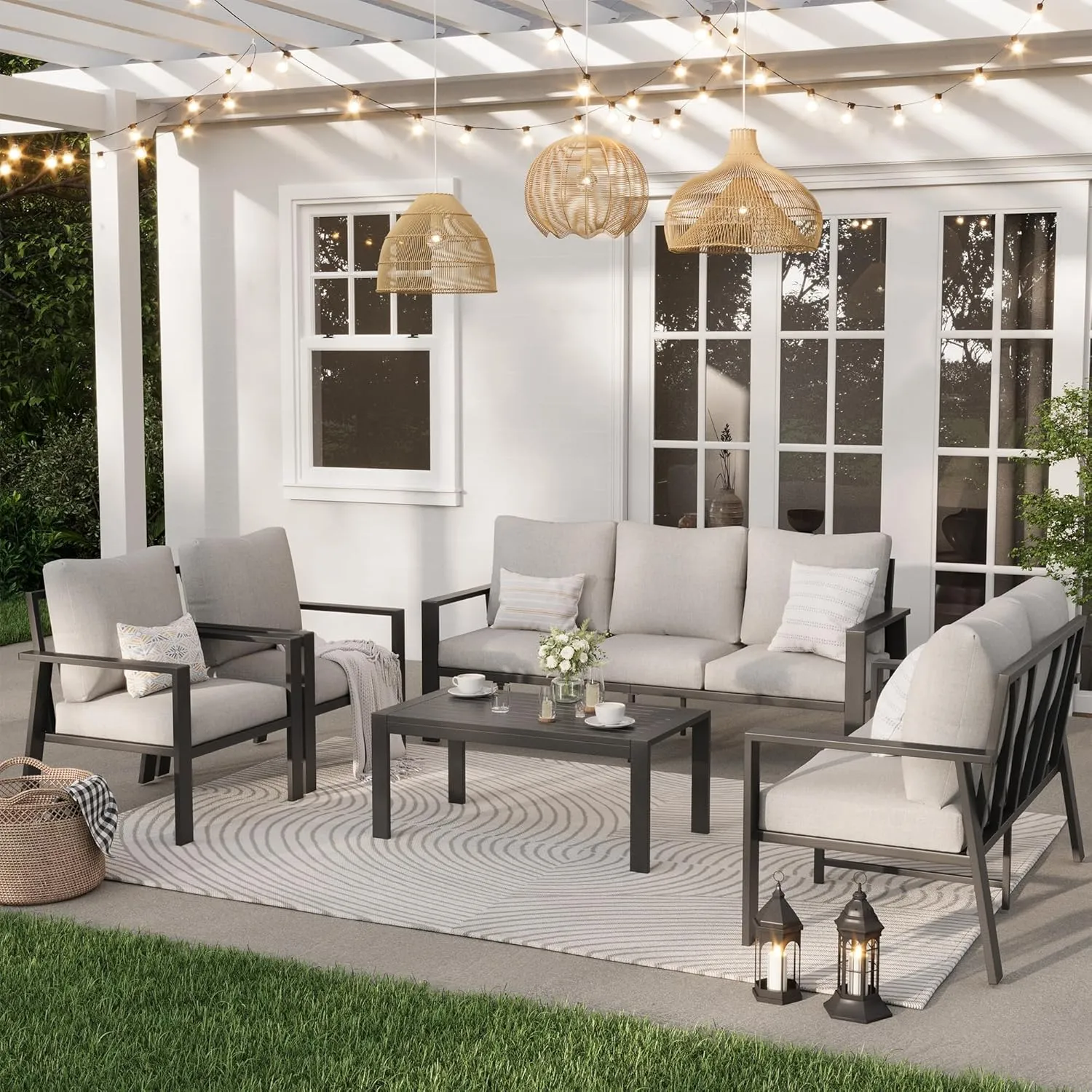 Aluminum Patio Conversation Set, 5 Seats Outdoor Furniture Set Modern Sectional Sofa with Upgrade Cushion and Coffee Table for Balcony, Porch,Garden,Backyard