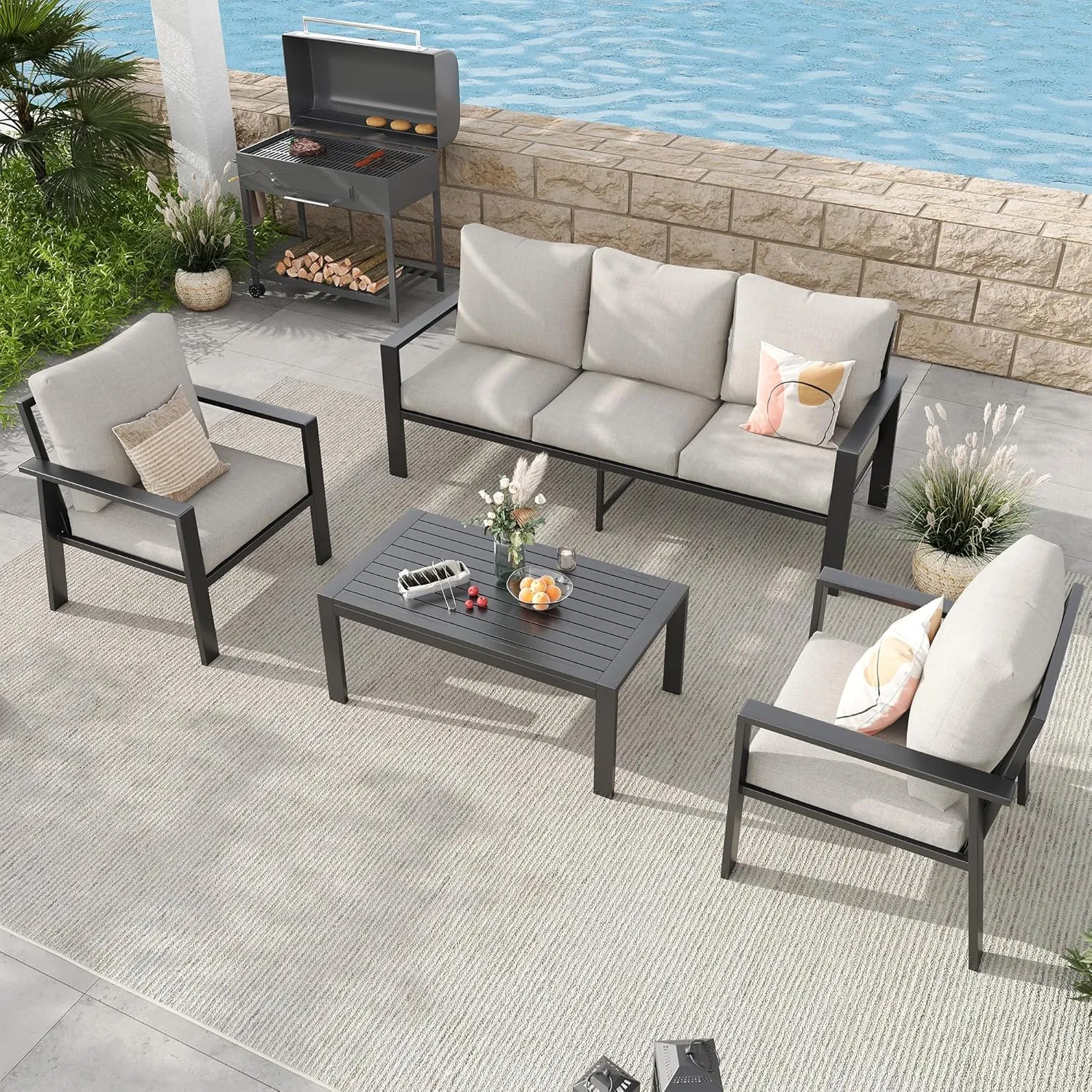 Aluminum Patio Conversation Set, 5 Seats Outdoor Furniture Set Modern Sectional Sofa with Upgrade Cushion and Coffee Table for Balcony, Porch,Garden,Backyard