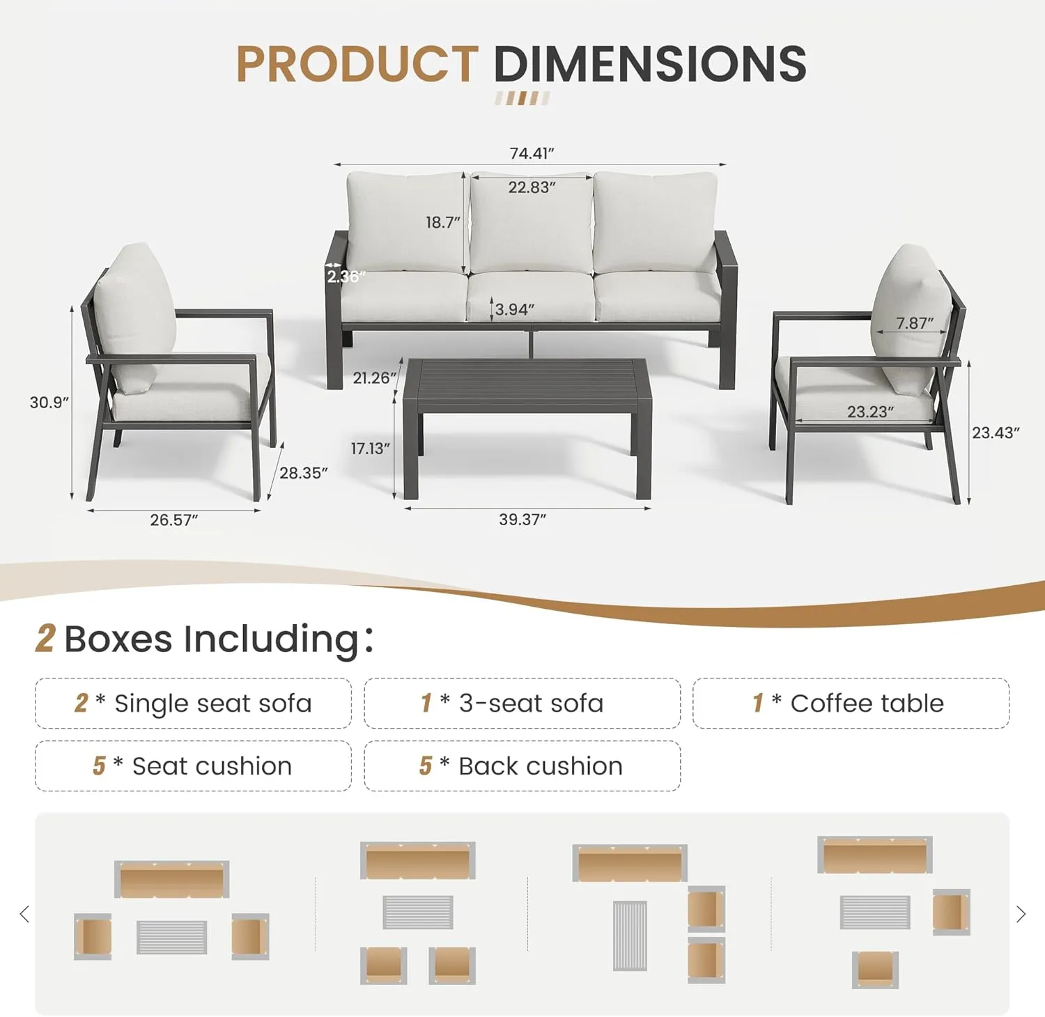 Aluminum Patio Conversation Set, 5 Seats Outdoor Furniture Set Modern Sectional Sofa with Upgrade Cushion and Coffee Table for Balcony, Porch,Garden,Backyard