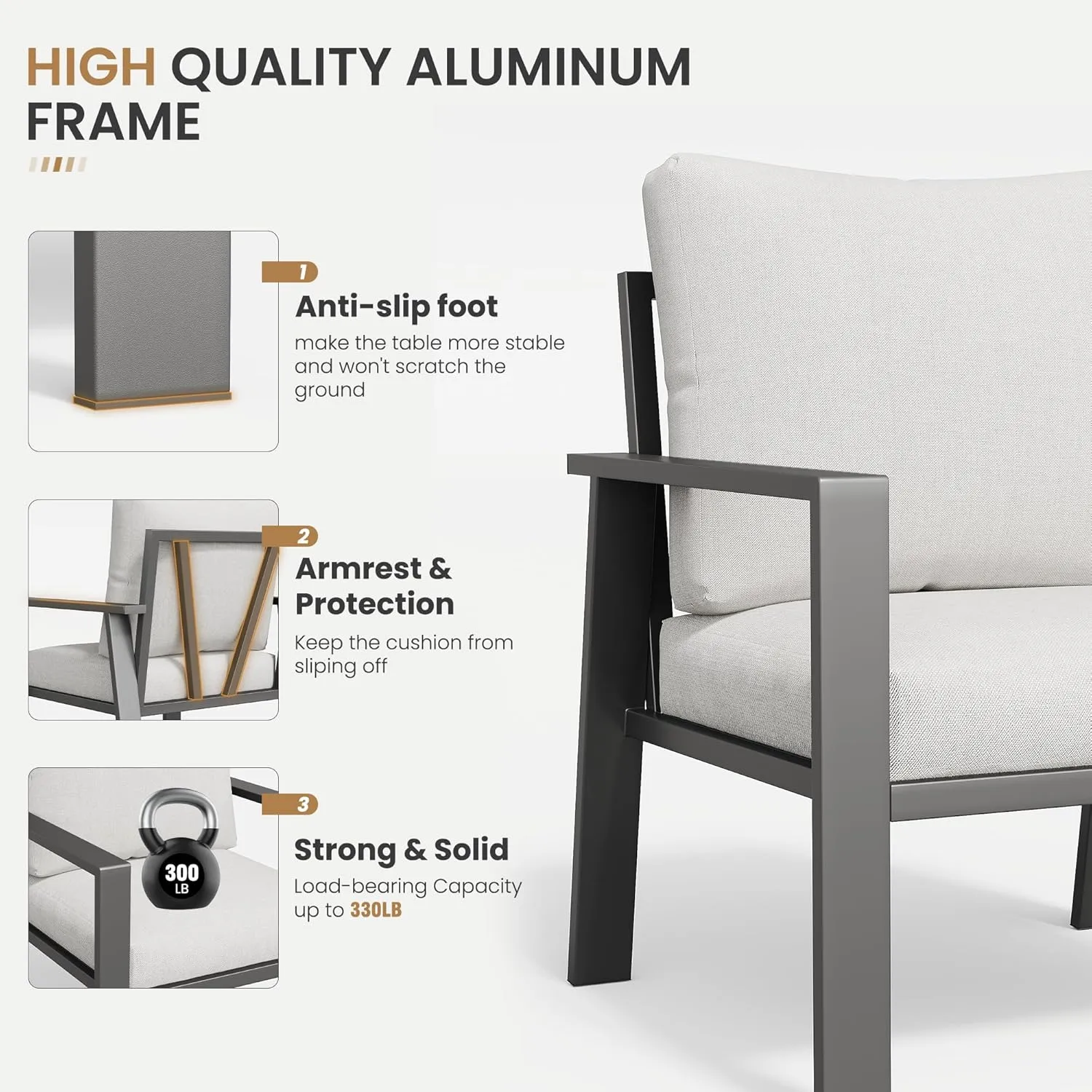 Aluminum Patio Conversation Set, 5 Seats Outdoor Furniture Set Modern Sectional Sofa with Upgrade Cushion and Coffee Table for Balcony, Porch,Garden,Backyard