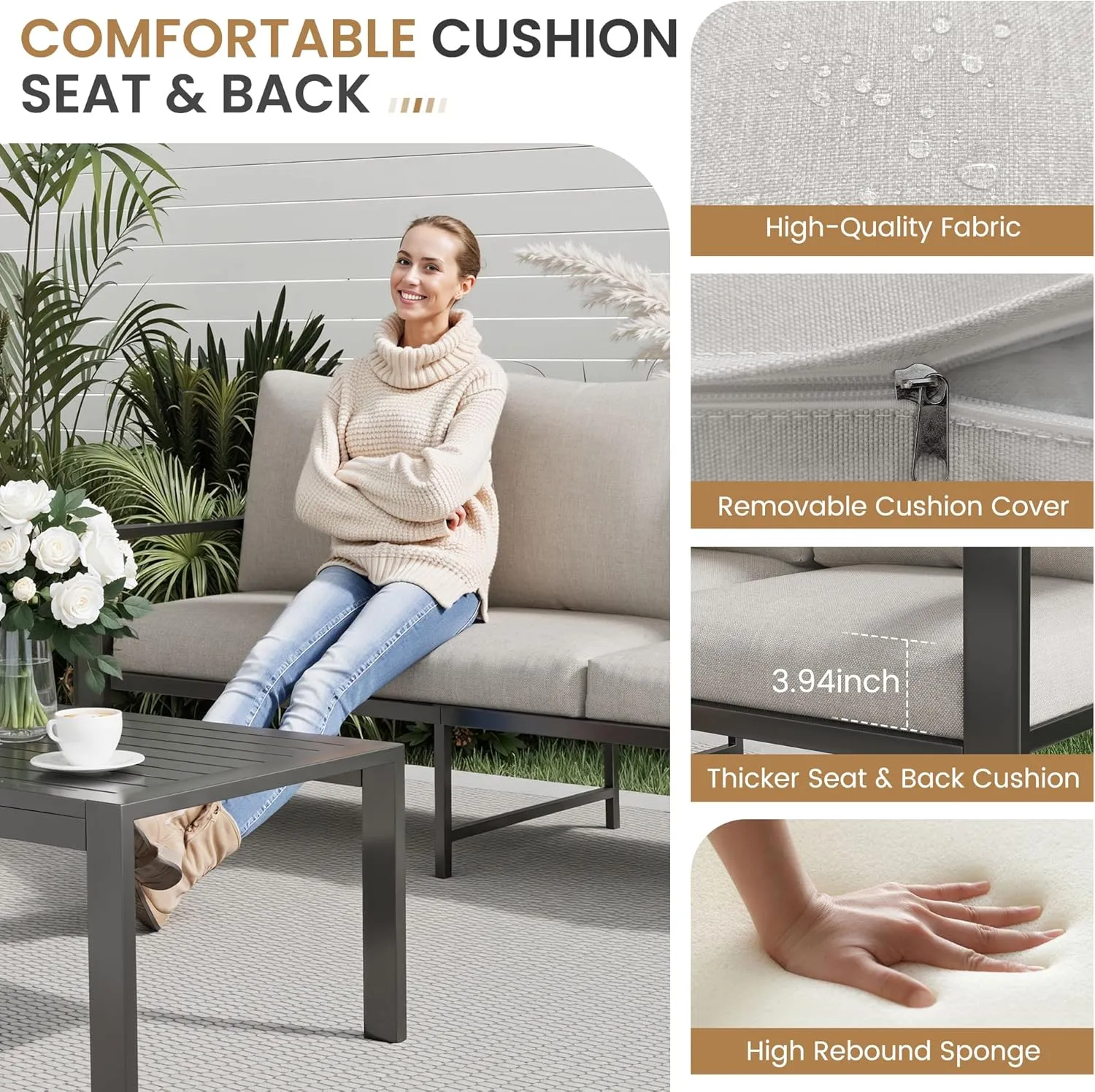 Aluminum Patio Conversation Set, 5 Seats Outdoor Furniture Set Modern Sectional Sofa with Upgrade Cushion and Coffee Table for Balcony, Porch,Garden,Backyard