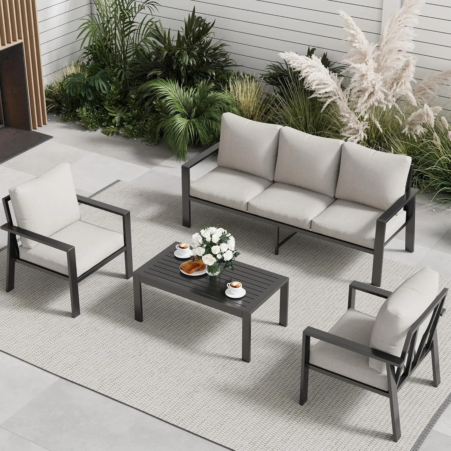 Aluminum Patio Conversation Set, 5 Seats Outdoor Furniture Set Modern Sectional Sofa with Upgrade Cushion and Coffee Table for Balcony, Porch,Garden,Backyard