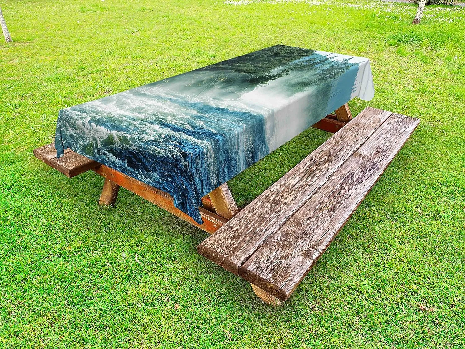 Ambesonne Yellowstone Outdoor Tablecloth, Fog on Yellowstone River Alpine Trees by The Bank Wilderness Waterscape Picture, Decorative Washable Picnic Table Cloth, 58" X 120", Green Blue