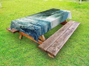 Ambesonne Yellowstone Outdoor Tablecloth, Fog on Yellowstone River Alpine Trees by The Bank Wilderness Waterscape Picture, Decorative Washable Picnic Table Cloth, 58" X 120", Green Blue