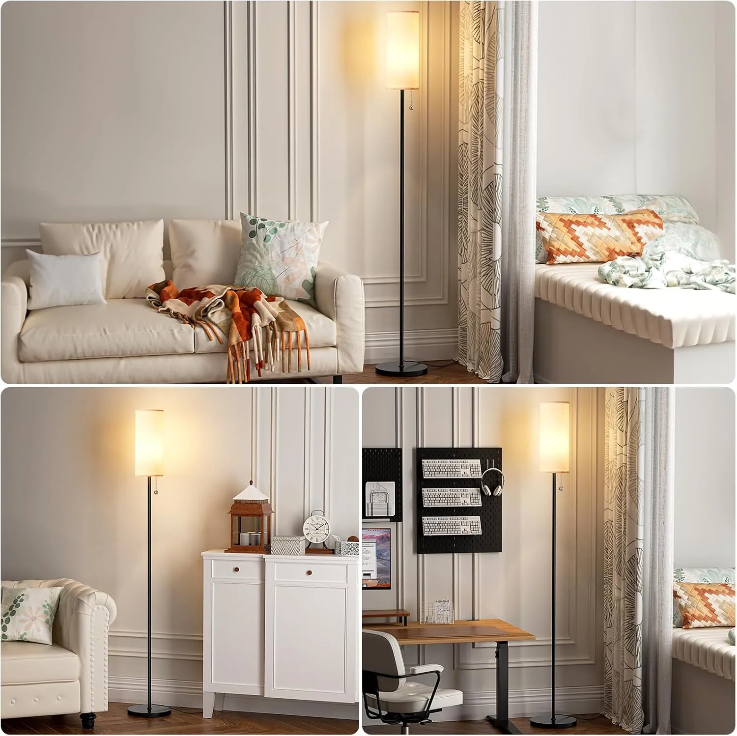 Ambimall 64'' Floor Lamp for Living Room with Bulb - Tall Lamps with Beige Lampshade & Pull Chain Switch, Pole Lamps for Bedrooms Tall, Minimalist Floor Lamp