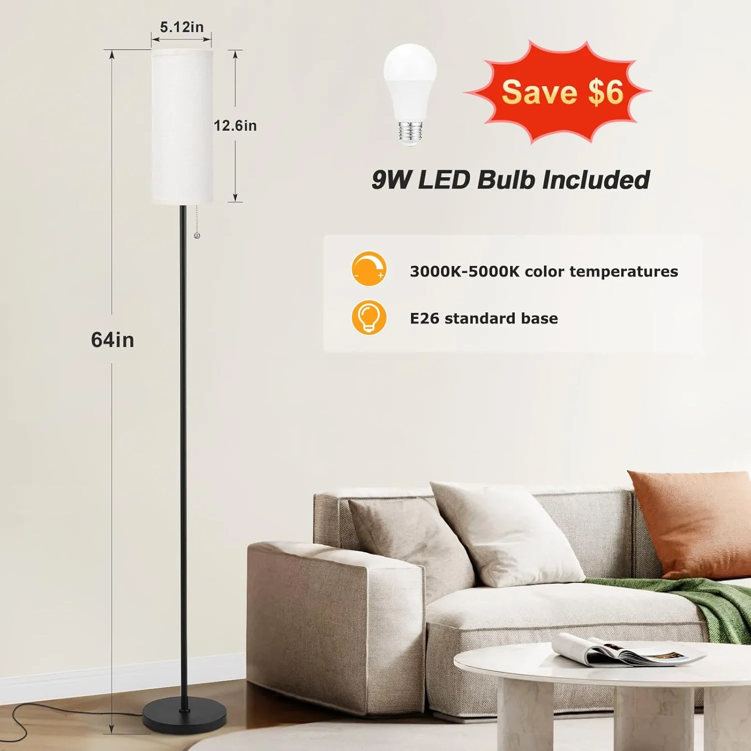 Ambimall 64'' Floor Lamp for Living Room with Bulb - Tall Lamps with Beige Lampshade & Pull Chain Switch, Pole Lamps for Bedrooms Tall, Minimalist Floor Lamp
