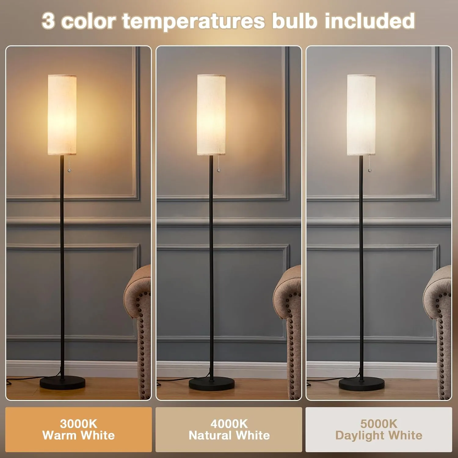 Ambimall 64'' Floor Lamp for Living Room with Bulb - Tall Lamps with Beige Lampshade & Pull Chain Switch, Pole Lamps for Bedrooms Tall, Minimalist Floor Lamp