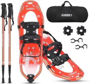 AMBIO Light Weight Snowshoes for Men Women Youth Kids, Aluminum Snow Shoes with Trekking Poles and Carrying Tote Bag (Red, 21 Inch)