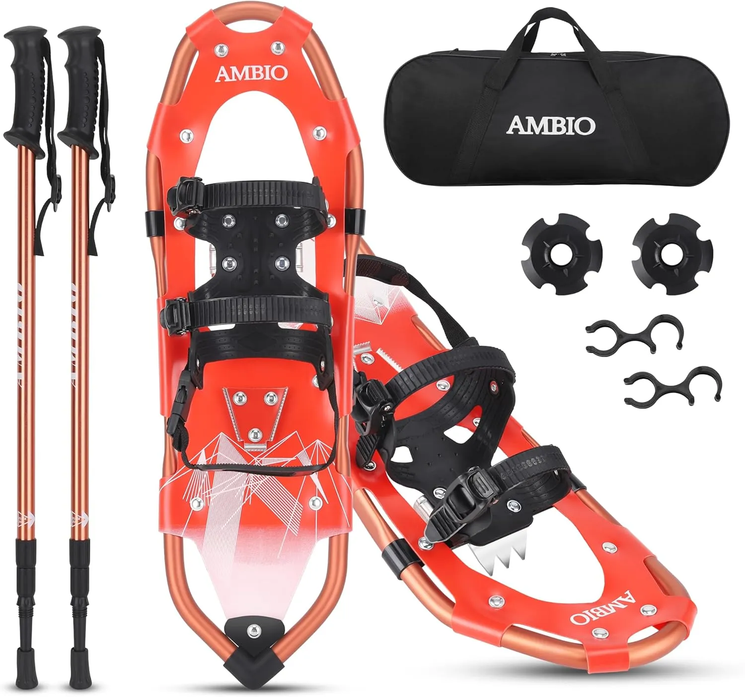 AMBIO Light Weight Snowshoes for Men Women Youth Kids, Aluminum Snow Shoes with Trekking Poles and Carrying Tote Bag (Red, 21 Inch)