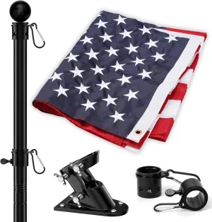 American Flag and Flag Pole for House Outside, 5ft Heavy Duty Flag Pole Kit with 3x5 Embroidered USA Flag, Tangle Free Steel Black Flag Pole with Bracket for Residential, Commercial, Outdoors Garden
