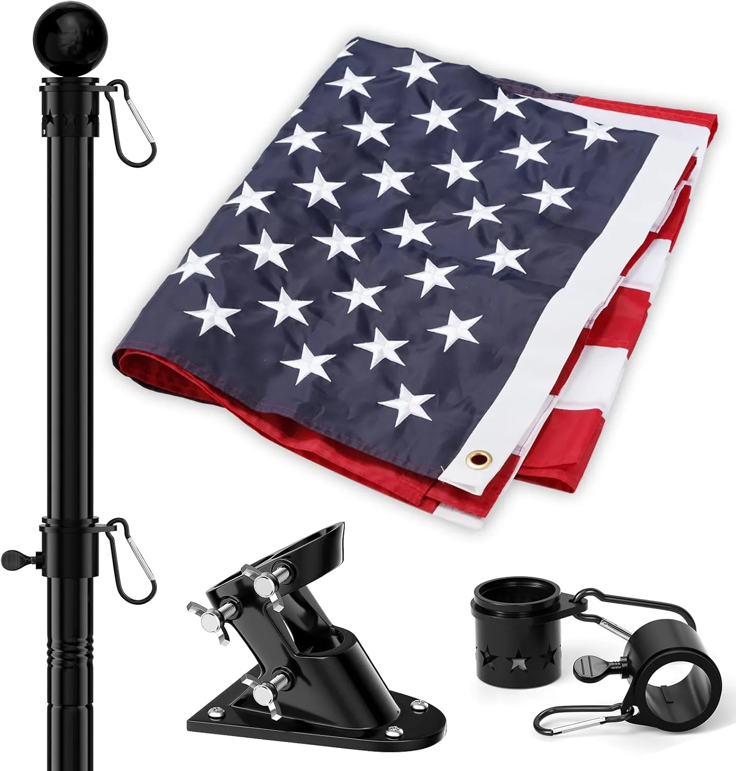 American Flag and Flag Pole for House Outside, 5ft Heavy Duty Flag Pole Kit with 3x5 Embroidered USA Flag, Tangle Free Steel Black Flag Pole with Bracket for Residential, Commercial, Outdoors Garden