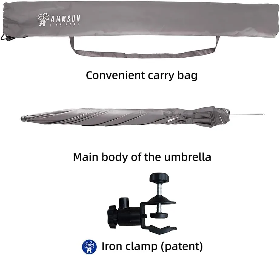 AMMSUN XL Chair Umbrella with Universal Clamp Adjustable 52 inches and 360-degree Swivel UPF 50 , Portable Clamp on Camping or Beach Chair, Stroller, Wheelchair, Golf cart, Grey, 2 PACK