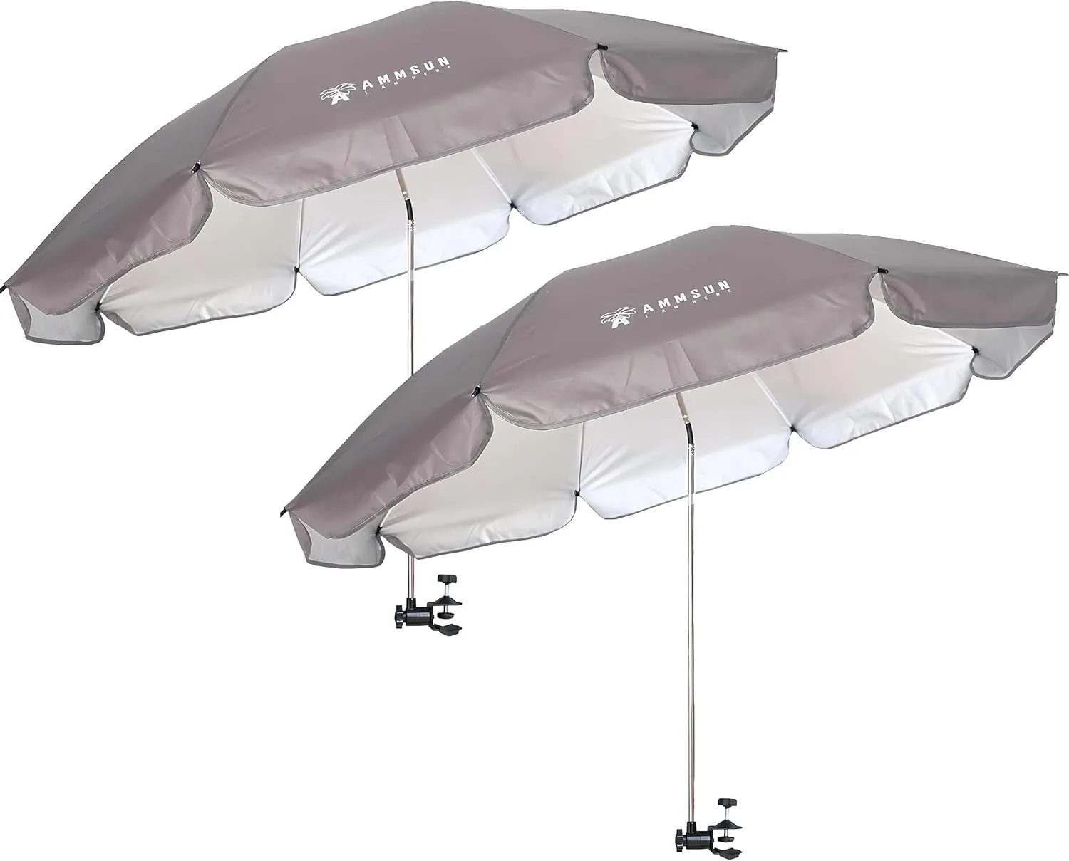 AMMSUN XL Chair Umbrella with Universal Clamp Adjustable 52 inches and 360-degree Swivel UPF 50 , Portable Clamp on Camping or Beach Chair, Stroller, Wheelchair, Golf cart, Grey, 2 PACK