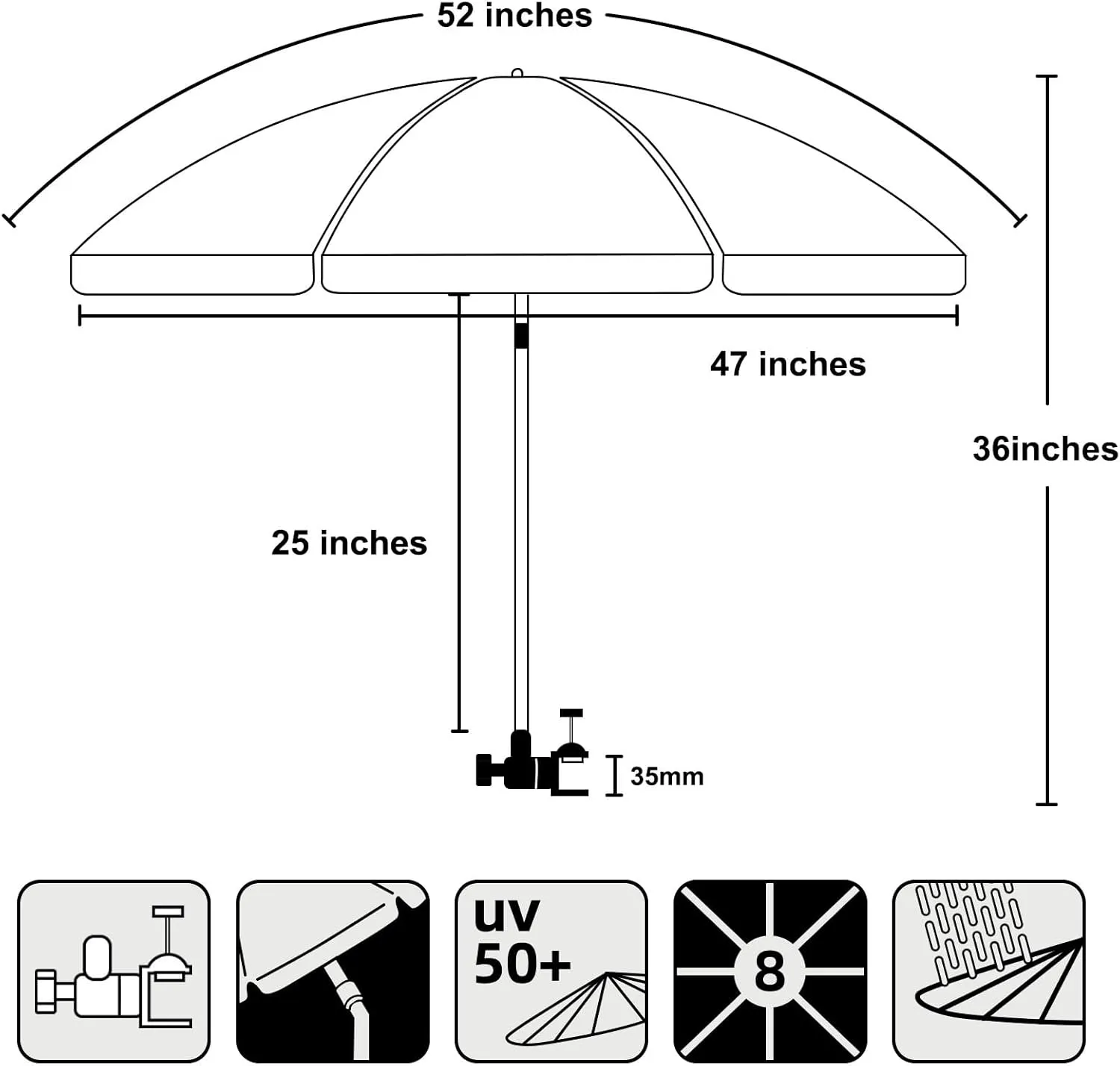 AMMSUN XL Chair Umbrella with Universal Clamp Adjustable 52 inches and 360-degree Swivel UPF 50 , Portable Clamp on Camping or Beach Chair, Stroller, Wheelchair, Golf cart, Grey, 2 PACK