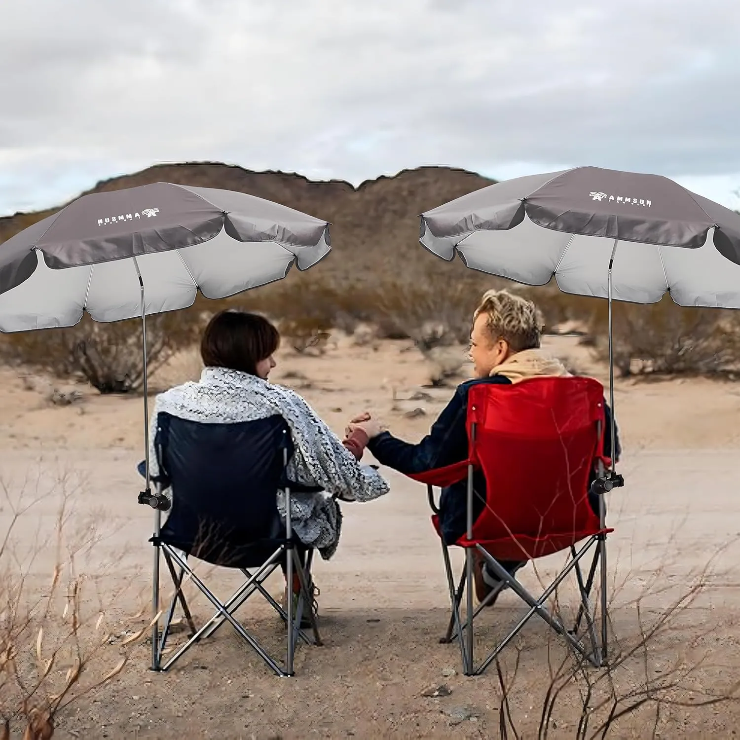 AMMSUN XL Chair Umbrella with Universal Clamp Adjustable 52 inches and 360-degree Swivel UPF 50 , Portable Clamp on Camping or Beach Chair, Stroller, Wheelchair, Golf cart, Grey, 2 PACK