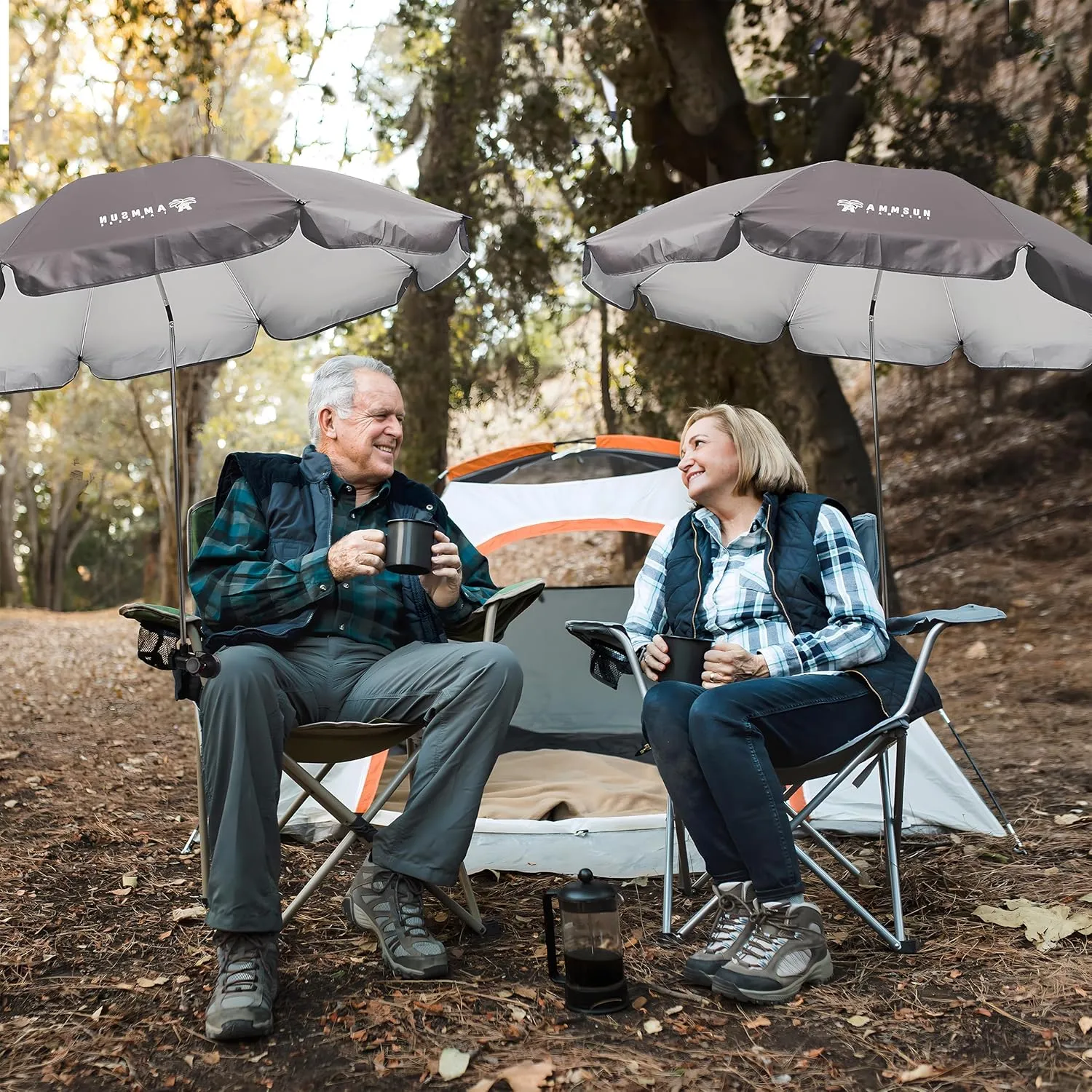 AMMSUN XL Chair Umbrella with Universal Clamp Adjustable 52 inches and 360-degree Swivel UPF 50 , Portable Clamp on Camping or Beach Chair, Stroller, Wheelchair, Golf cart, Grey, 2 PACK