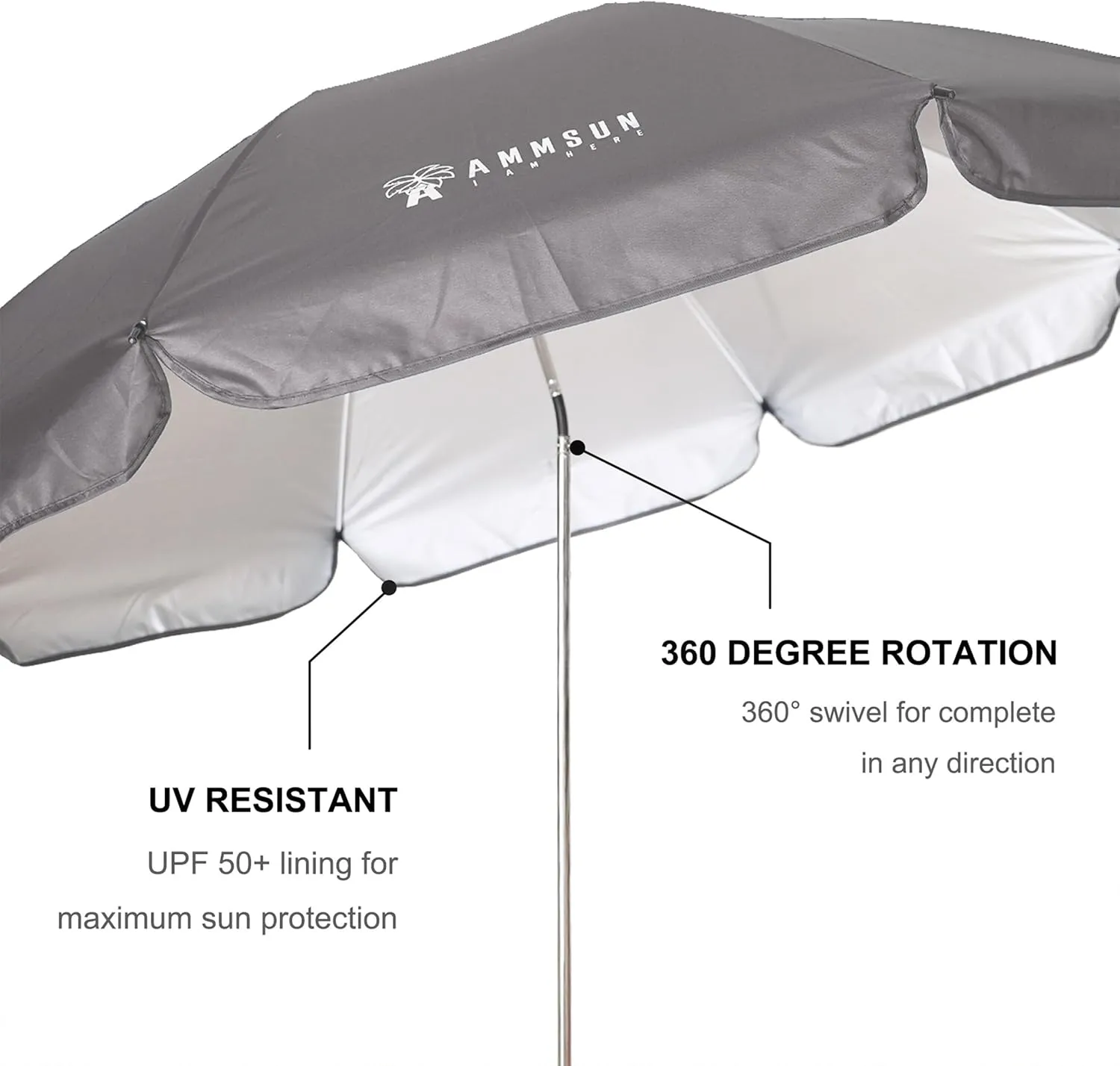 AMMSUN XL Chair Umbrella with Universal Clamp Adjustable 52 inches and 360-degree Swivel UPF 50 , Portable Clamp on Camping or Beach Chair, Stroller, Wheelchair, Golf cart, Grey, 2 PACK