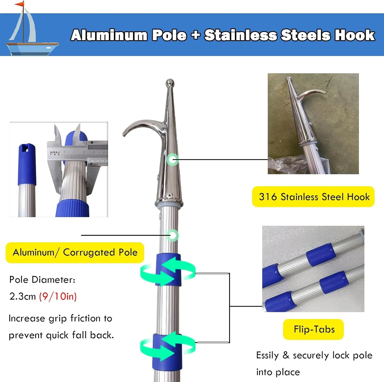 AMUFJJ Aluminum Adjustable Boat Hook, 1 2 3 4 Pack Sturdy Dock Pole for Mooring/Docking/Rescuing/Pushing Pulling, Marine Safety Equipment(2 Piece,400cm (13ft))