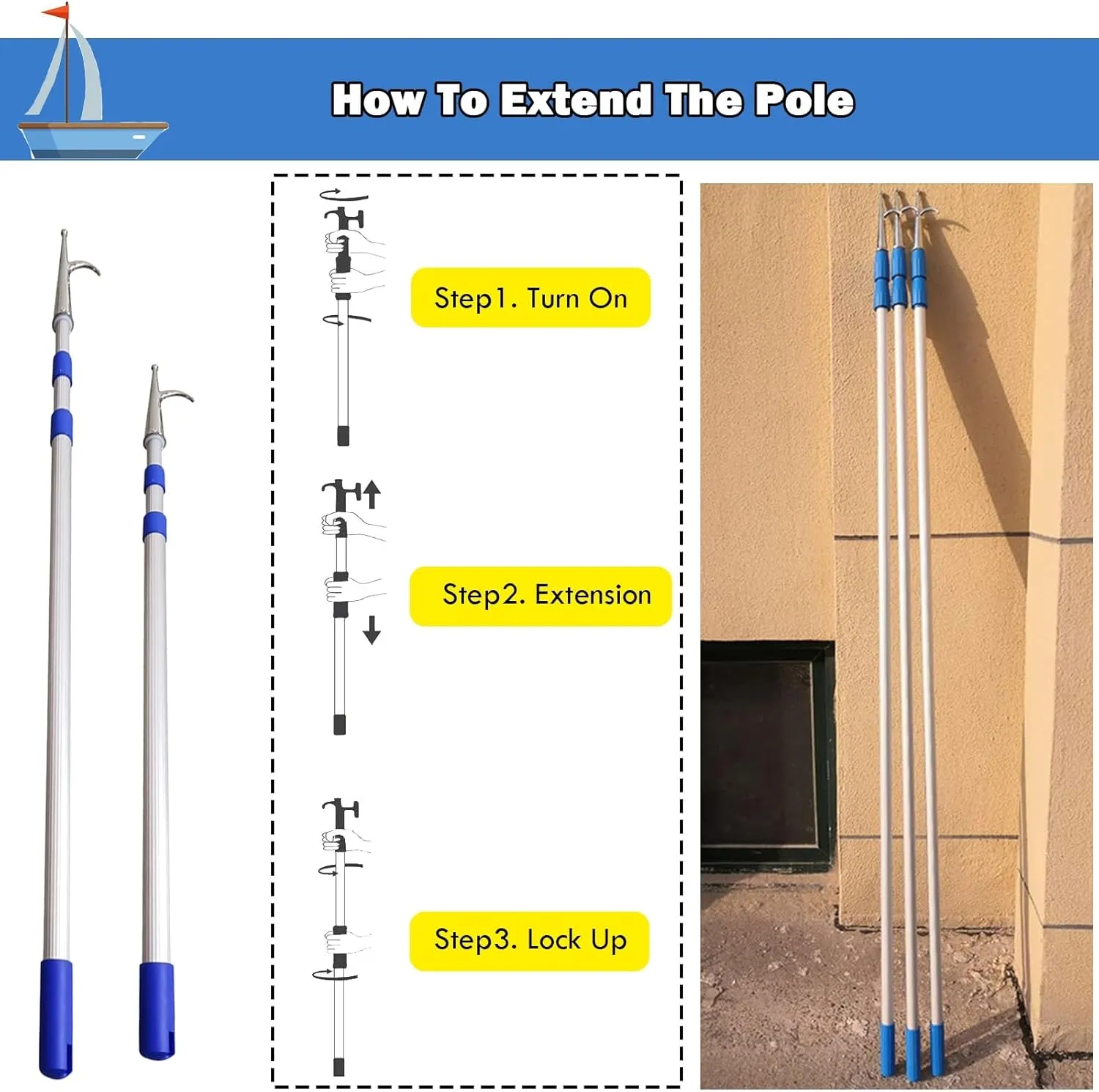 AMUFJJ Aluminum Adjustable Boat Hook, 1 2 3 4 Pack Sturdy Dock Pole for Mooring/Docking/Rescuing/Pushing Pulling, Marine Safety Equipment(2 Piece,400cm (13ft))