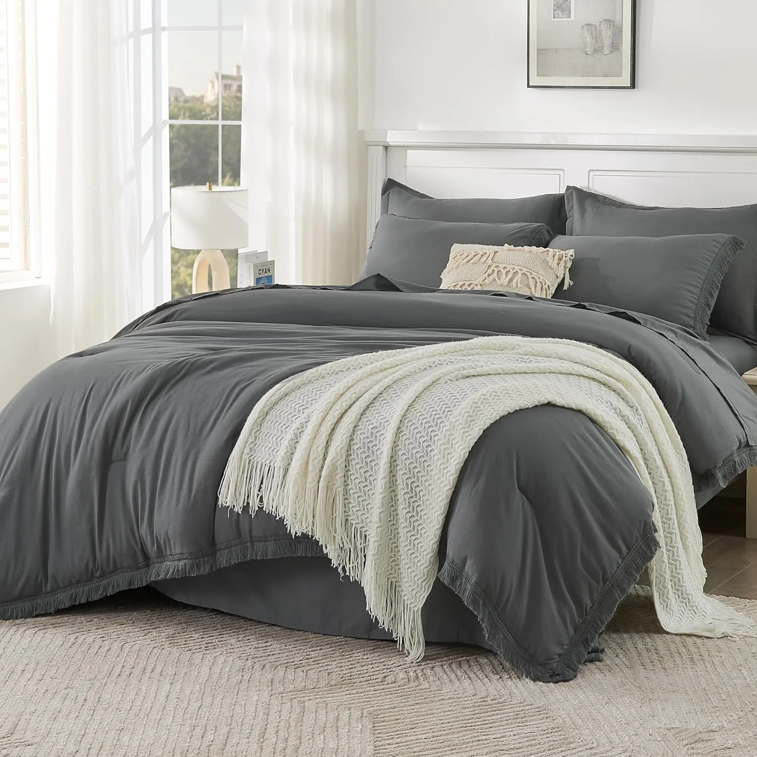 Andency Dark Grey King Size Comforter Set with Sheets - 7 Pieces Boho Tassel Bed in a Bag Soft Lightweight Bedding Sets, Dark Grey Fringe Bed Set with Comforter, Sheets, Pillowcases & Shams