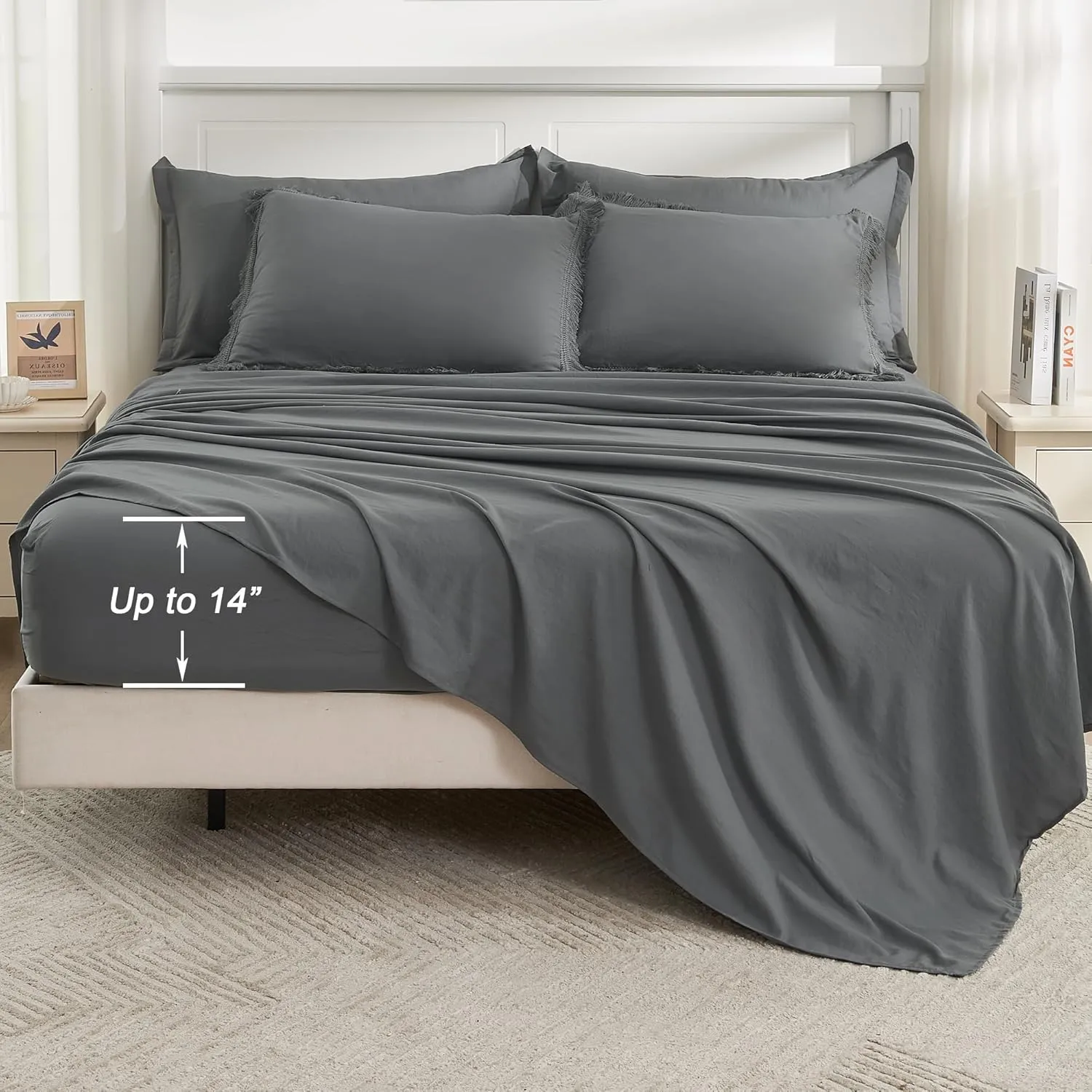 Andency Dark Grey King Size Comforter Set with Sheets - 7 Pieces Boho Tassel Bed in a Bag Soft Lightweight Bedding Sets, Dark Grey Fringe Bed Set with Comforter, Sheets, Pillowcases & Shams