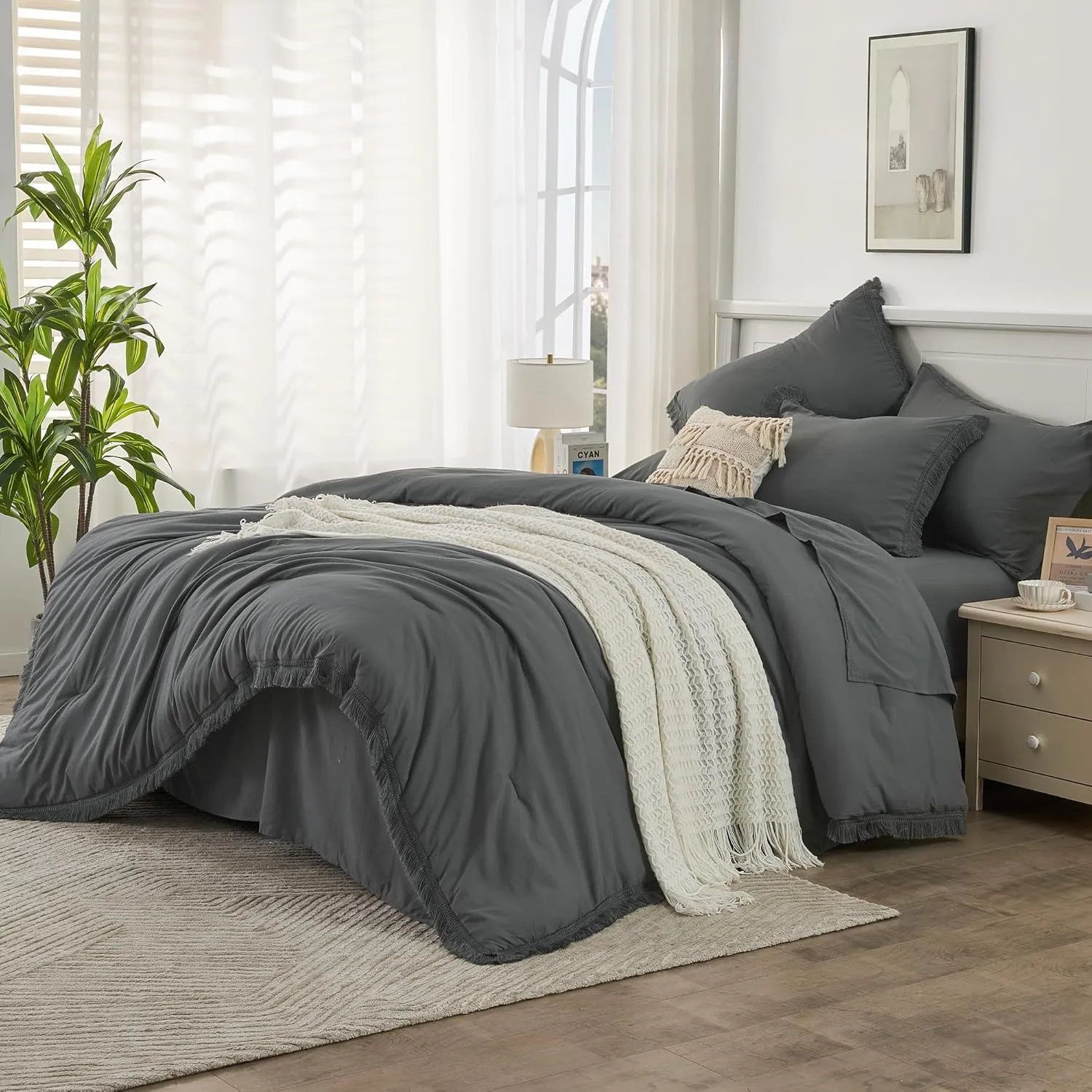 Andency Dark Grey King Size Comforter Set with Sheets - 7 Pieces Boho Tassel Bed in a Bag Soft Lightweight Bedding Sets, Dark Grey Fringe Bed Set with Comforter, Sheets, Pillowcases & Shams